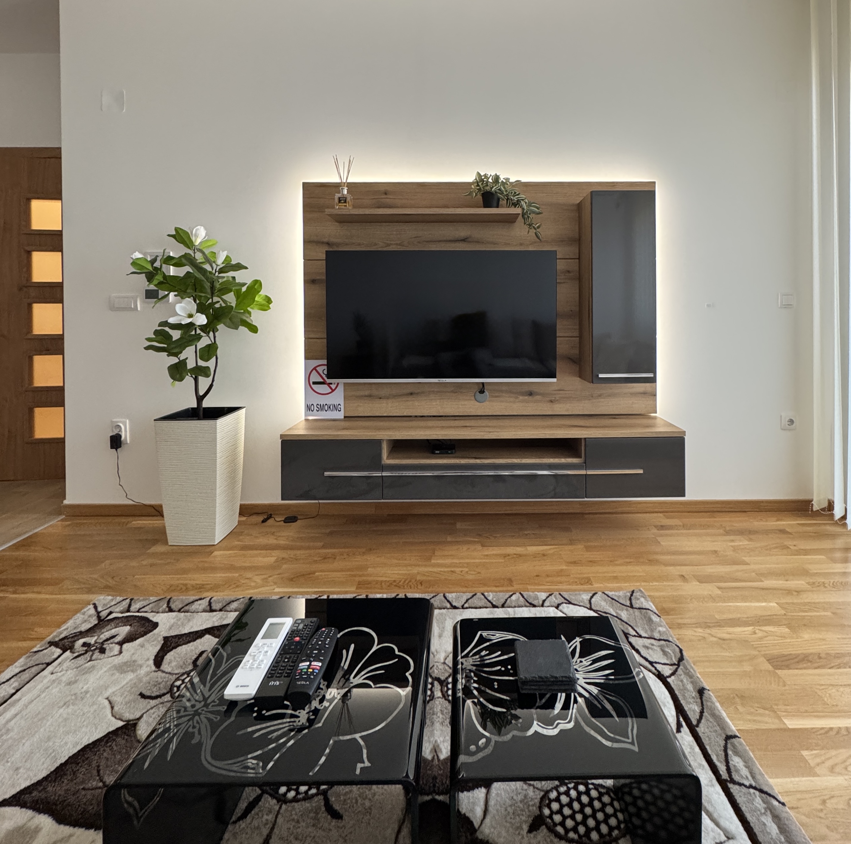 Televizor i drveni detalji u dnevnoj sobi apartmana MOKKA